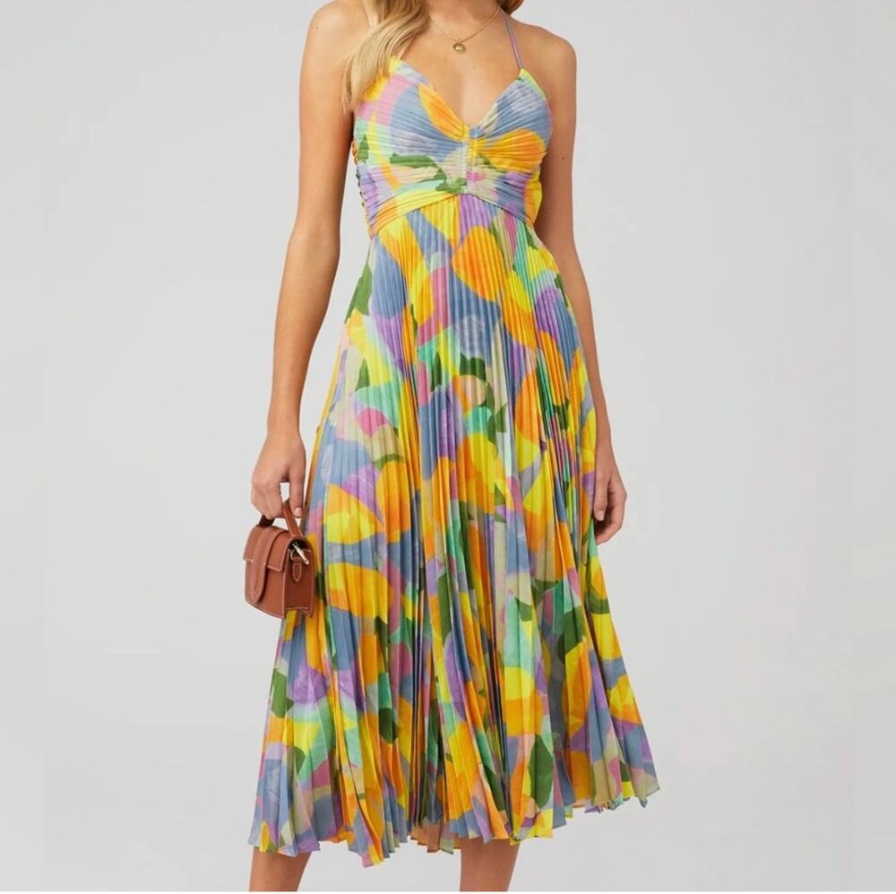 Astr the Label Blythe Plisse Midi Dress Yellow Lilac Abstract Women Size Small
